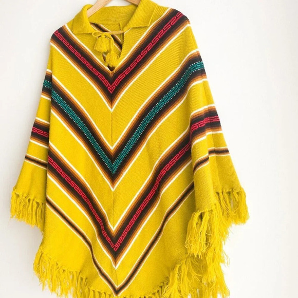 Vintage Acid Green Yellow Chartreuse Chevron Print Knit Poncho M/L - Picture 5 of 6